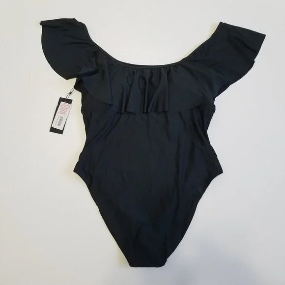 NWT Gianni Bini Black Ruffle Padded One Piece Swimsuit Size L